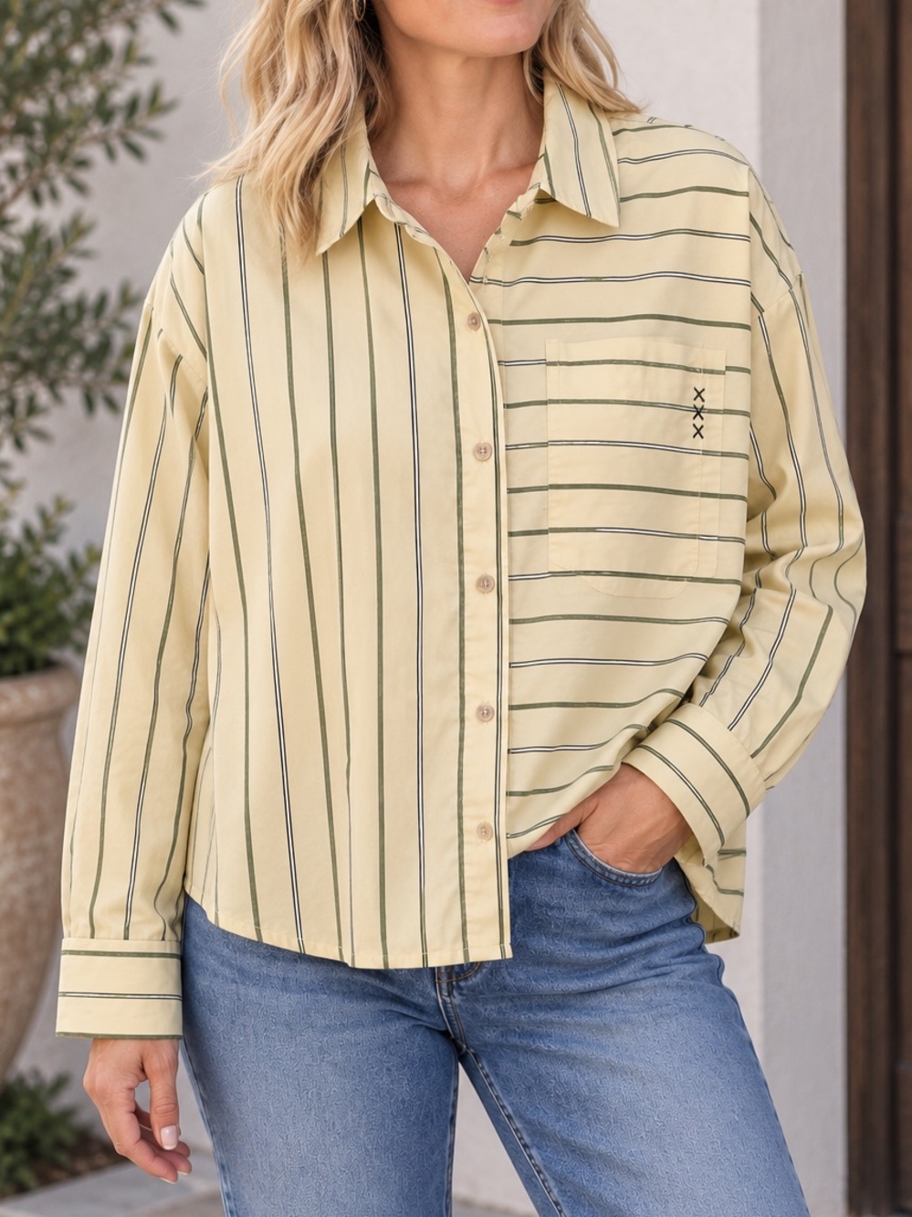 Scotch & Soda Mixed Stripe Boxy Button Up Women’s L Shirt Yellow Green Preppy